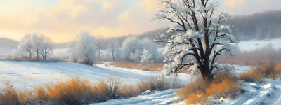 Winter Landscape With Snow Covered Trees And Golden Grass