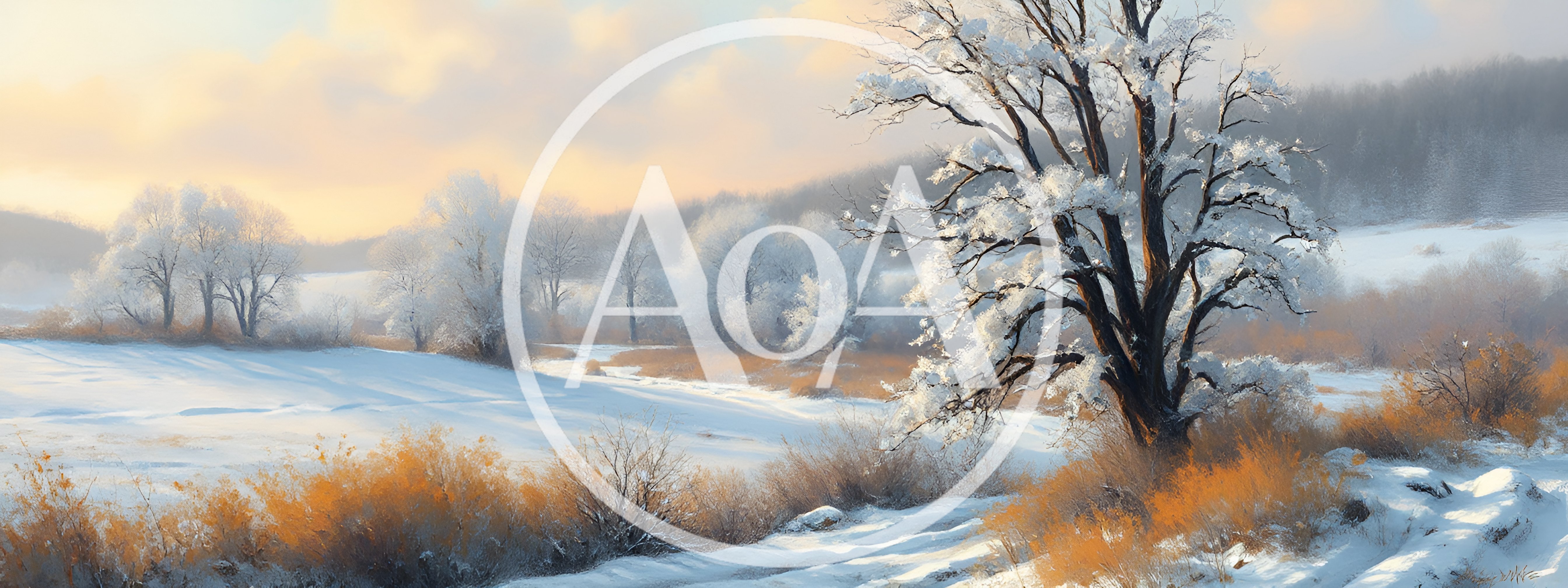 Winter Landscape With Snow Covered Trees And Golden Grass