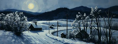 Winter Landscape With Snow Covered Houses And Moon