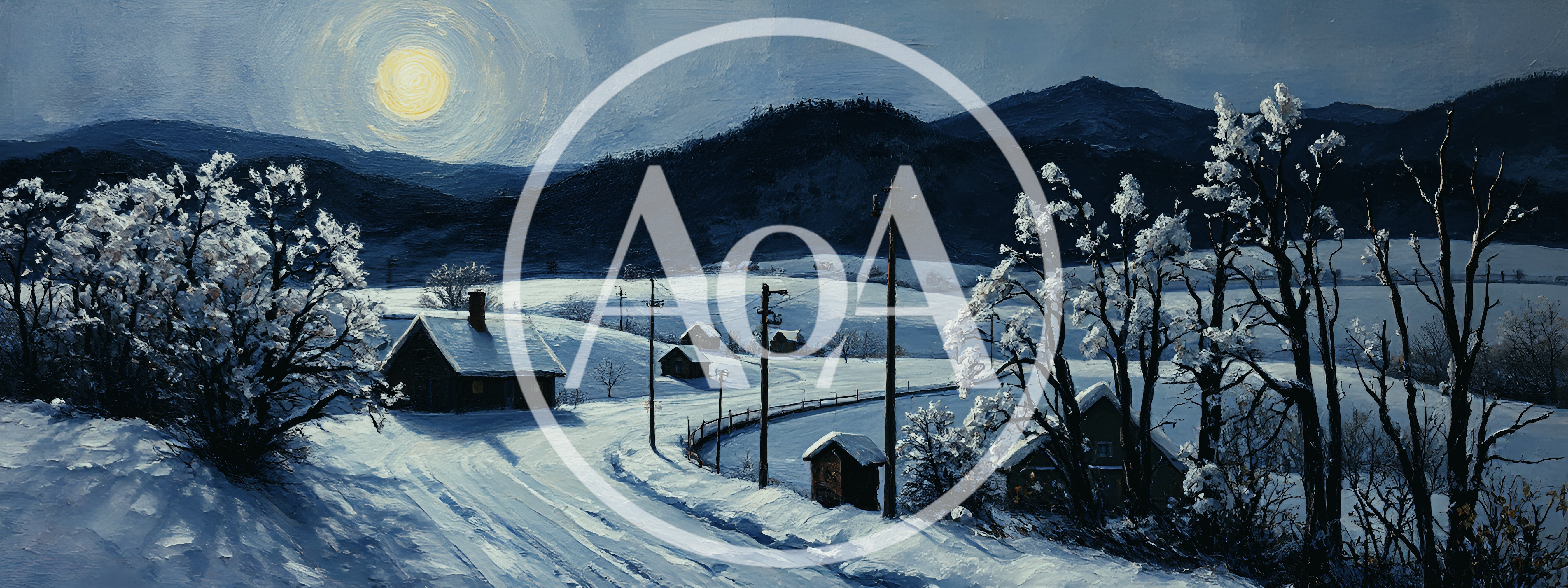 Winter Landscape With Snow Covered Houses And Moon