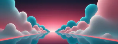 Abstract 3D Surreal Landscape With Glowing Clouds And Reflection