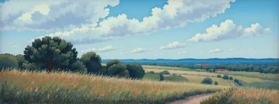 Panoramic Landscape Painting Of Rolling Hills And Clouds