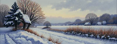 Winter Landscape With Snow Covered Trees And Fields