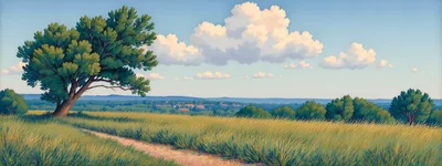Scenic Landscape Painting With A Lone Tree And Path