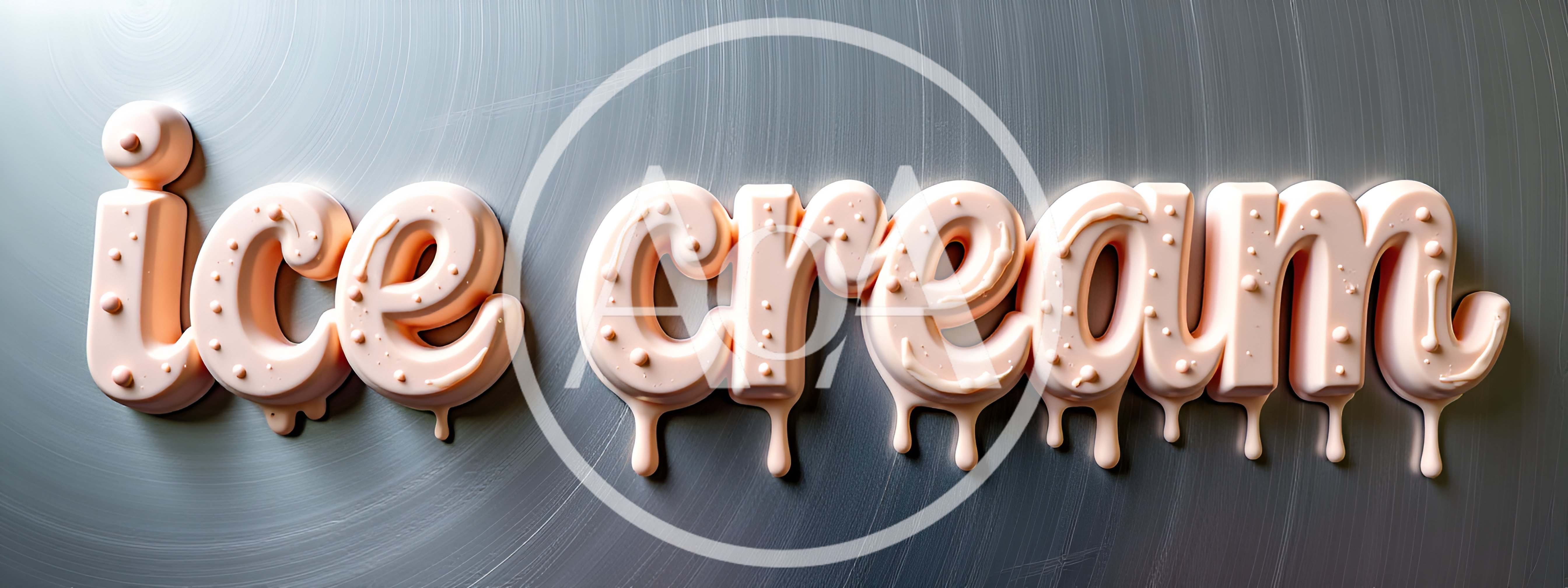 3D Melted Ice Cream Text On Brushed Metal Surface