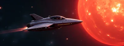 Futuristic Space Fighter Jet Flying Near A Red Star