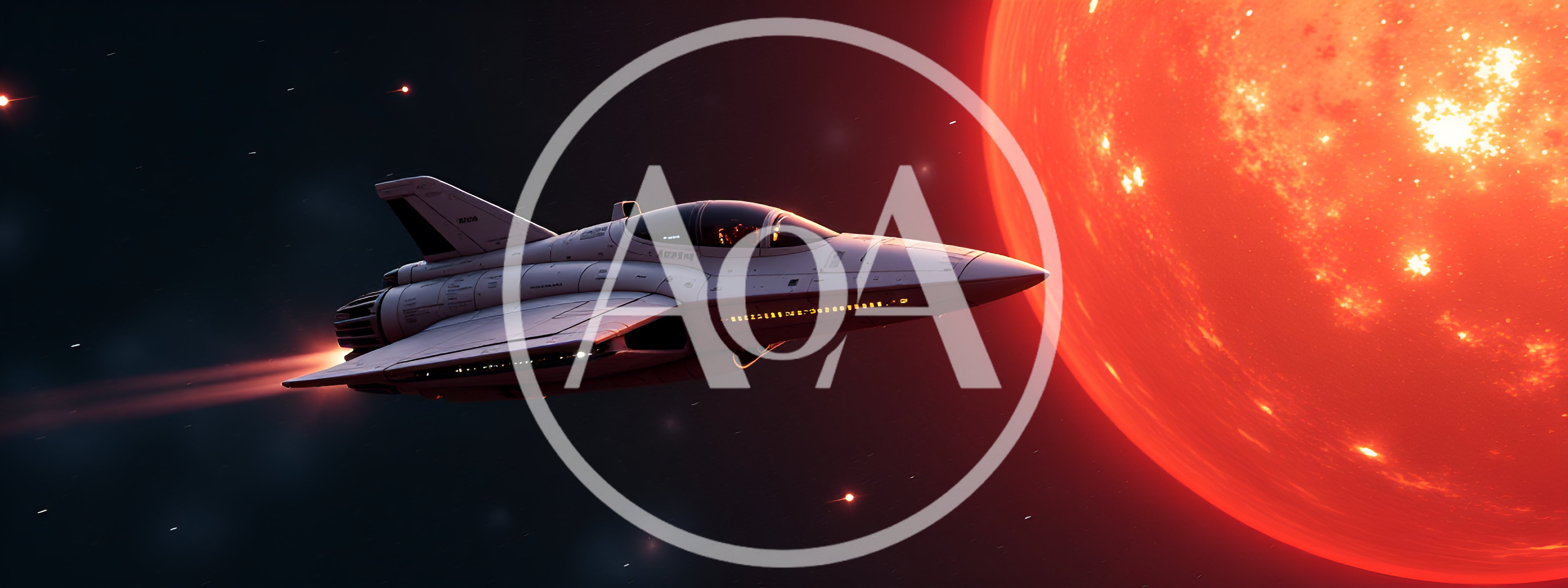 Futuristic Space Fighter Jet Flying Near A Red Star