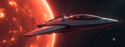 Futuristic Spaceship Flying Near A Glowing Red Planet