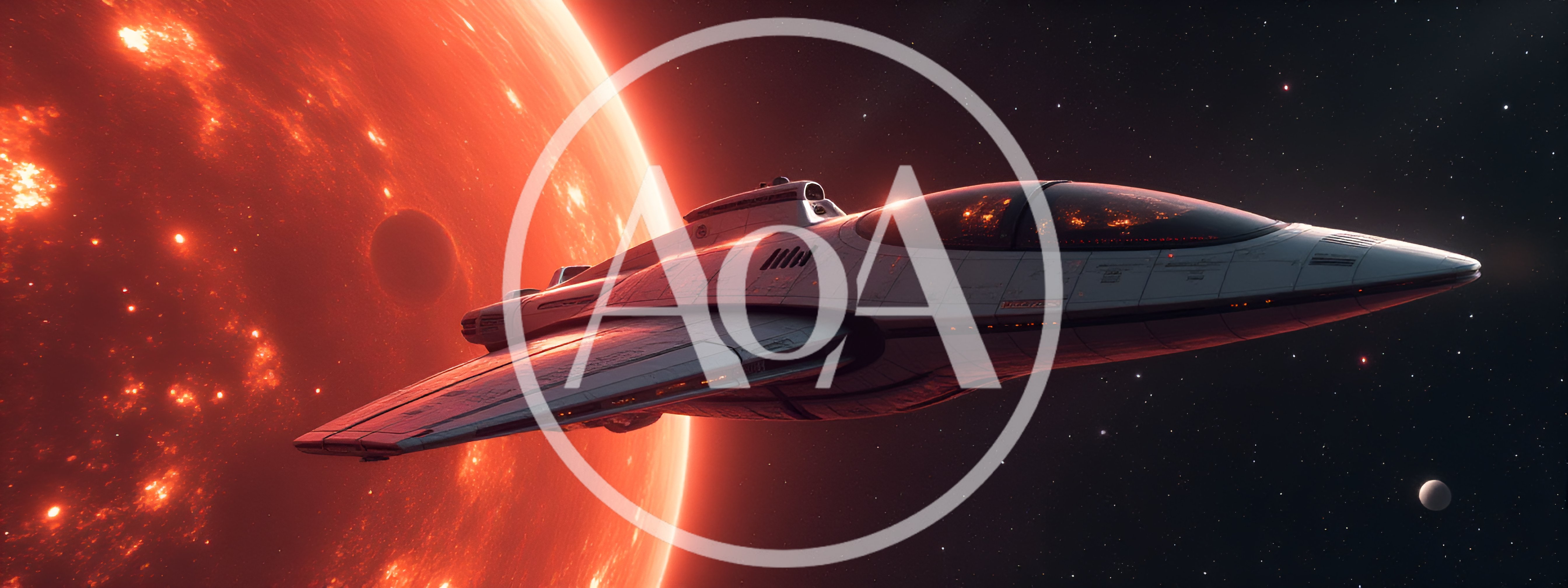 Futuristic Spaceship Flying Near A Glowing Red Planet