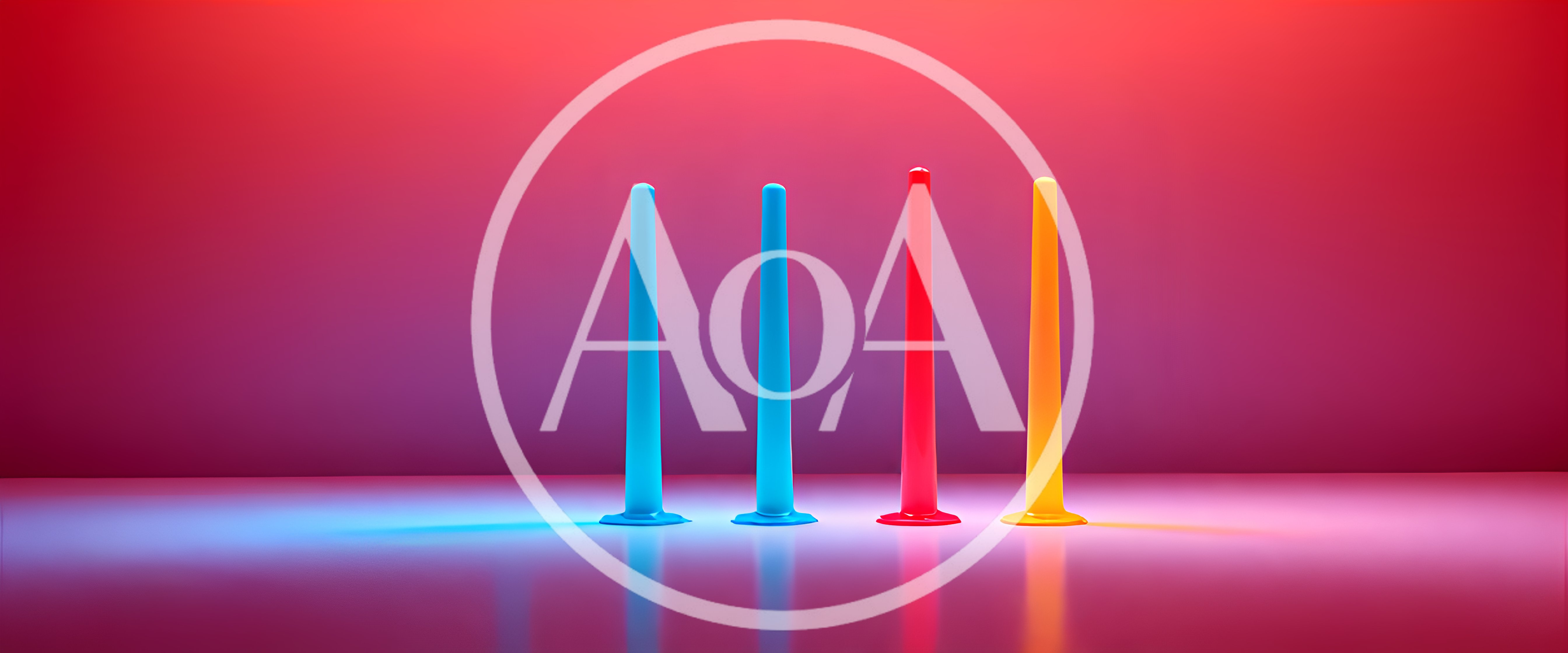 Four Colorful Vertical Pillars On A Reflective Surface