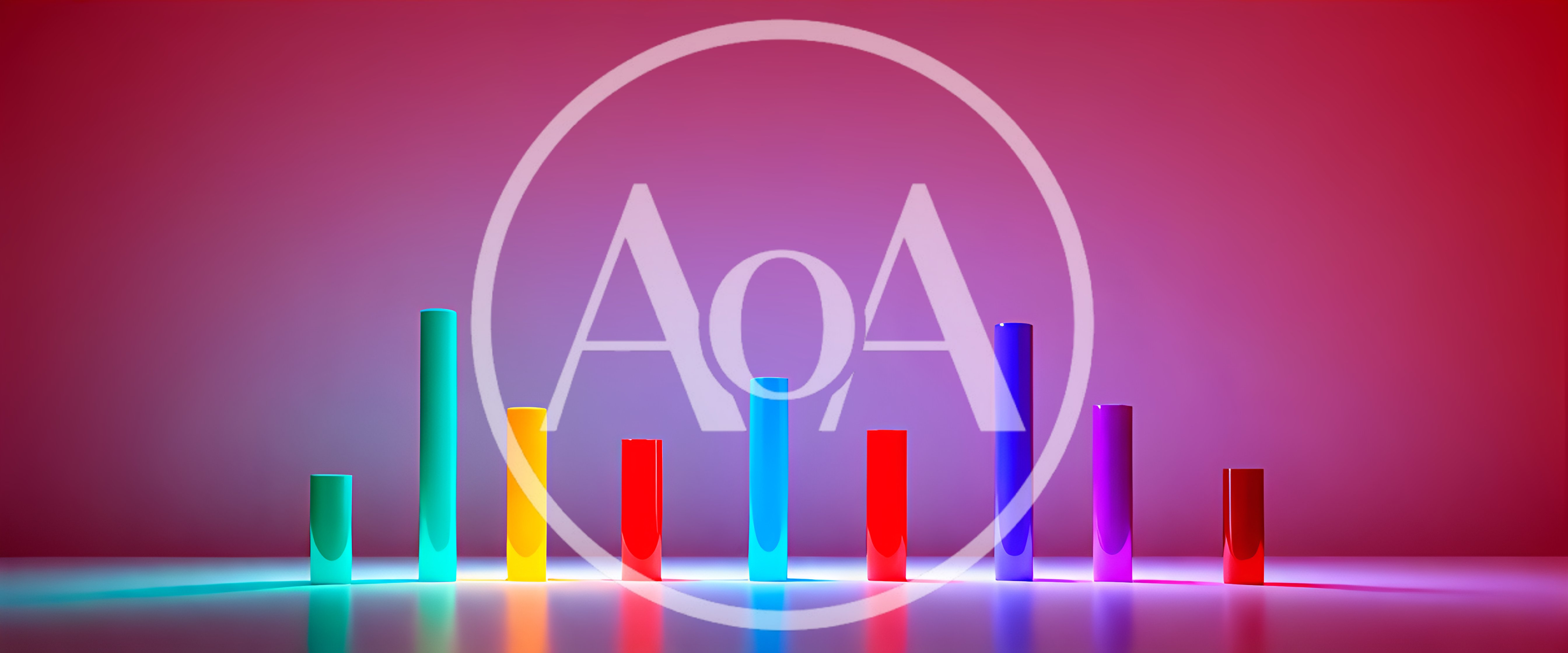 Colorful 3D Bar Chart Cylinders On Reflective Surface