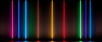 Vertical Neon Light Tubes On Dark Wooden Wall