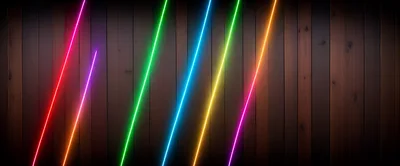 Neon Light Beams On Dark Wooden Wall Background