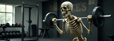 Human Skeleton Performing Barbell Squats In A Gym