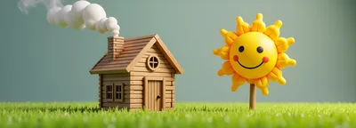 3D Rendered Wooden Cabin and Smiling Sun Toy