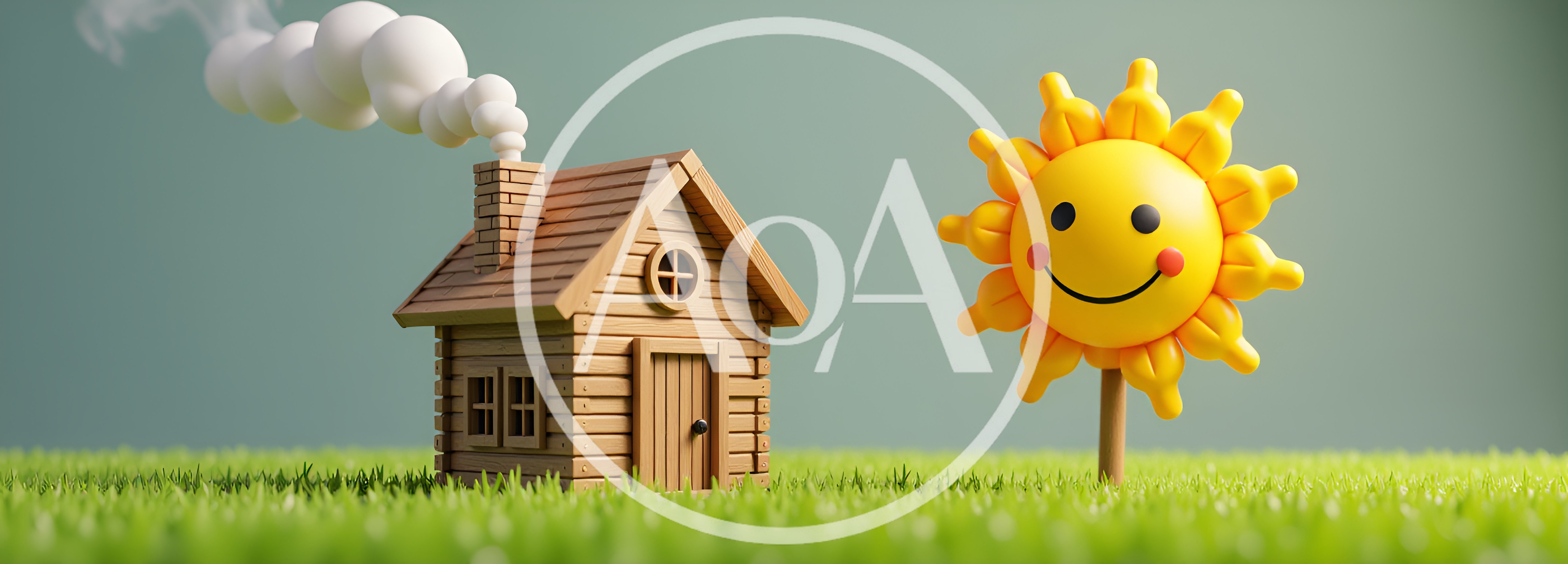 3D Rendered Wooden Cabin and Smiling Sun Toy