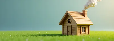 Small Wooden House With Smoke In Green Field