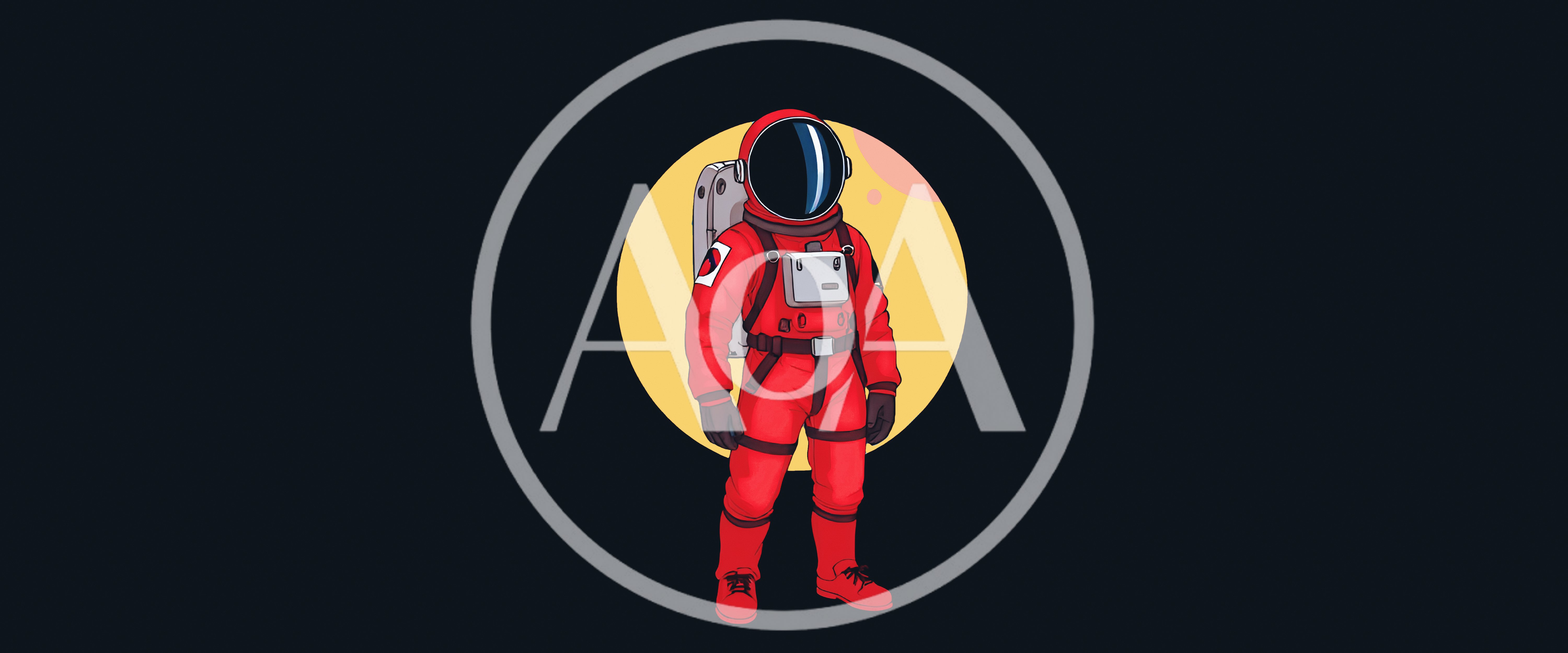 Red Astronaut Standing Against A Yellow Moon Background