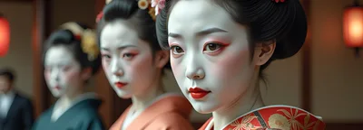 Three Geisha Women In Traditional Kimono Attire