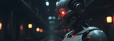 Cyborg Android Standing In A Dark Futuristic Corridor