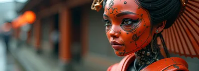 Cybernetic Geisha Portrait With Intricate Facial Markings