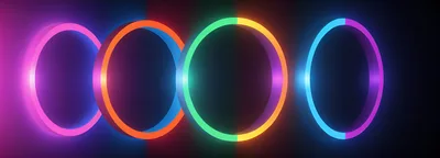Four Glowing Neon Rings In A Dark Abstract Space