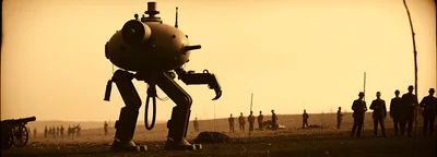 Steampunk Bipedal Robot Standing In A Historical Field