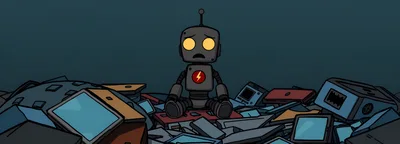 Sad Cartoon Robot Sitting Alone In A Junk Pile