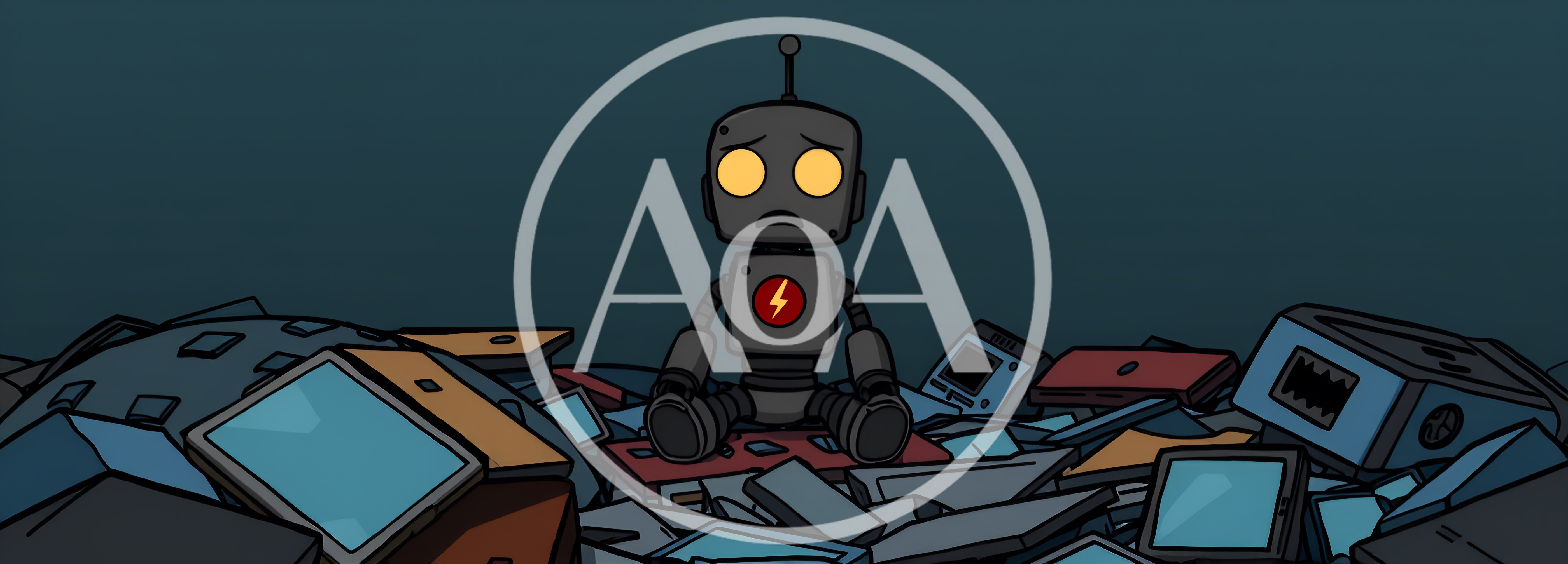Sad Cartoon Robot Sitting Alone In A Junk Pile