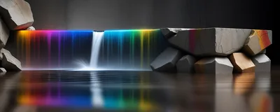 Abstract Rainbow Waterfall Flowing Over Concrete Rocks