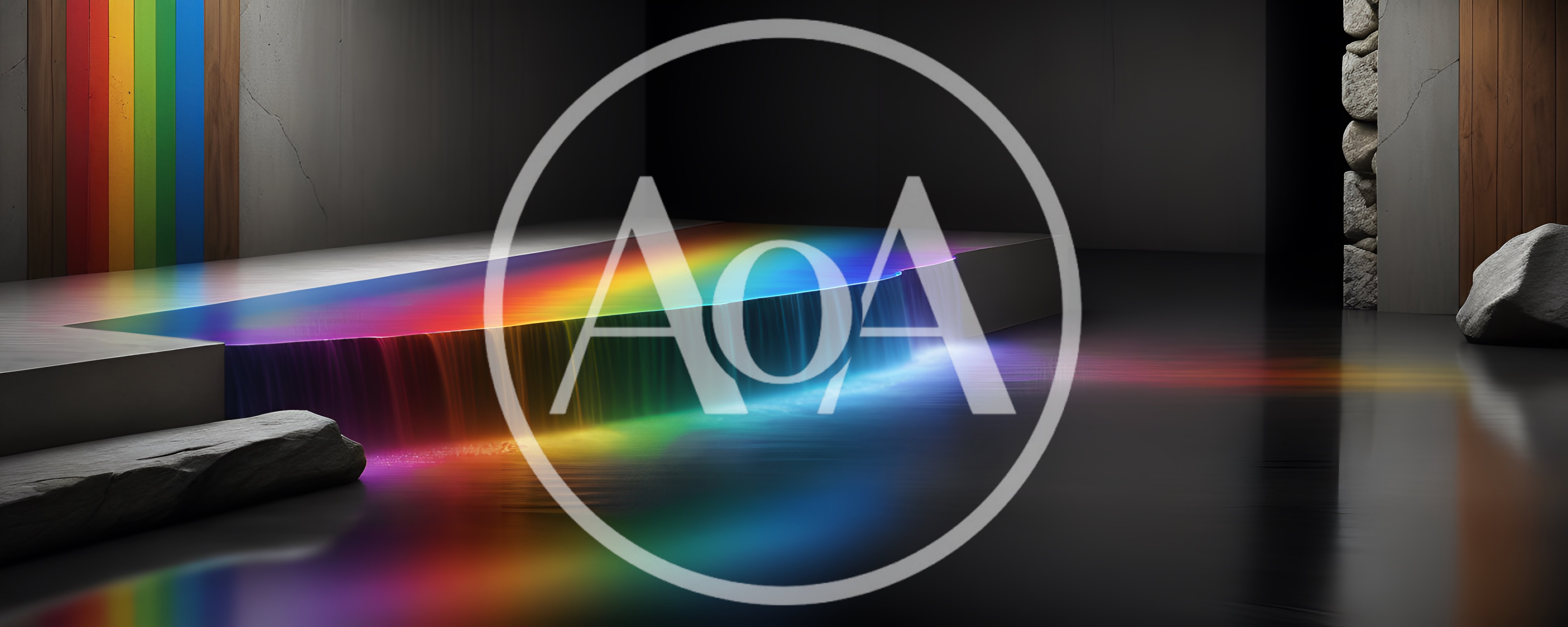 Abstract Rainbow Waterfall Flowing Into Dark Reflective Pool
