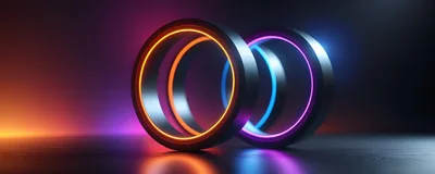 Abstract Glowing Neon Rings On Dark Reflective Surface