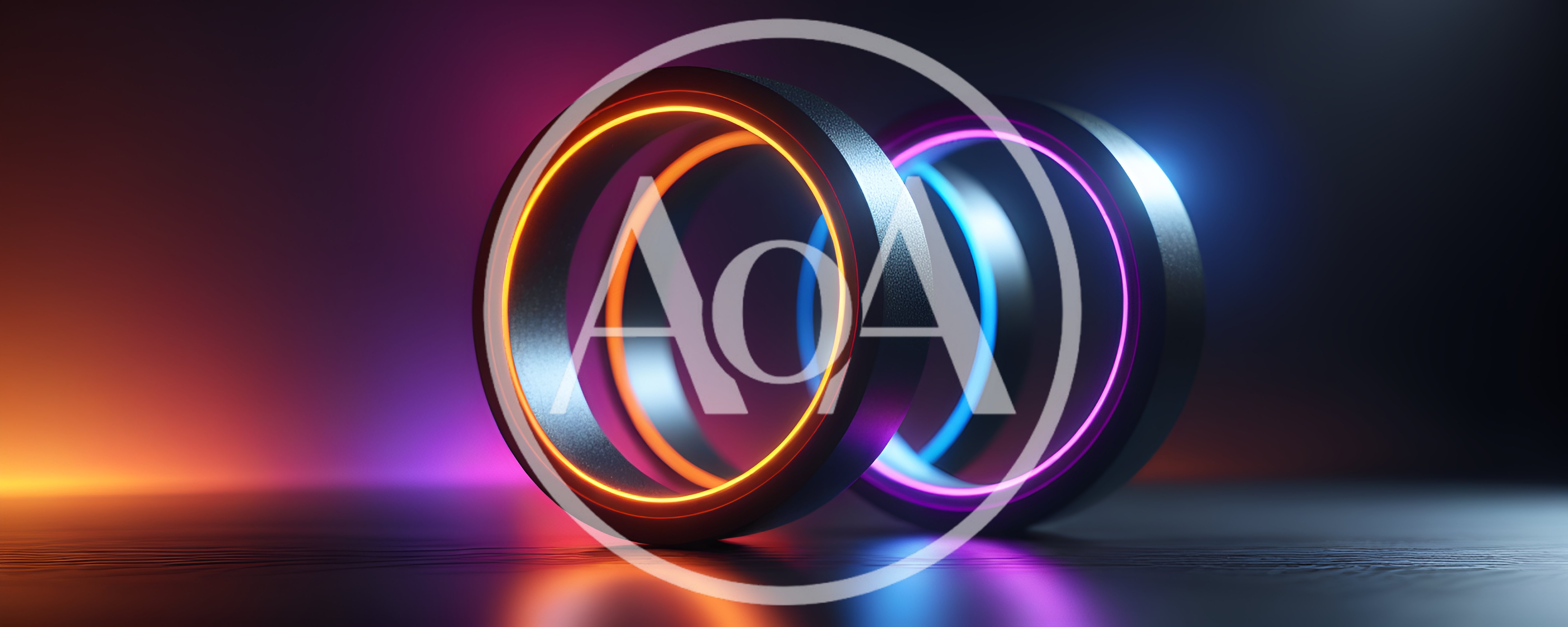 Abstract Glowing Neon Rings On Dark Reflective Surface