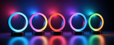 Five Glowing Neon Rings on Pedestals