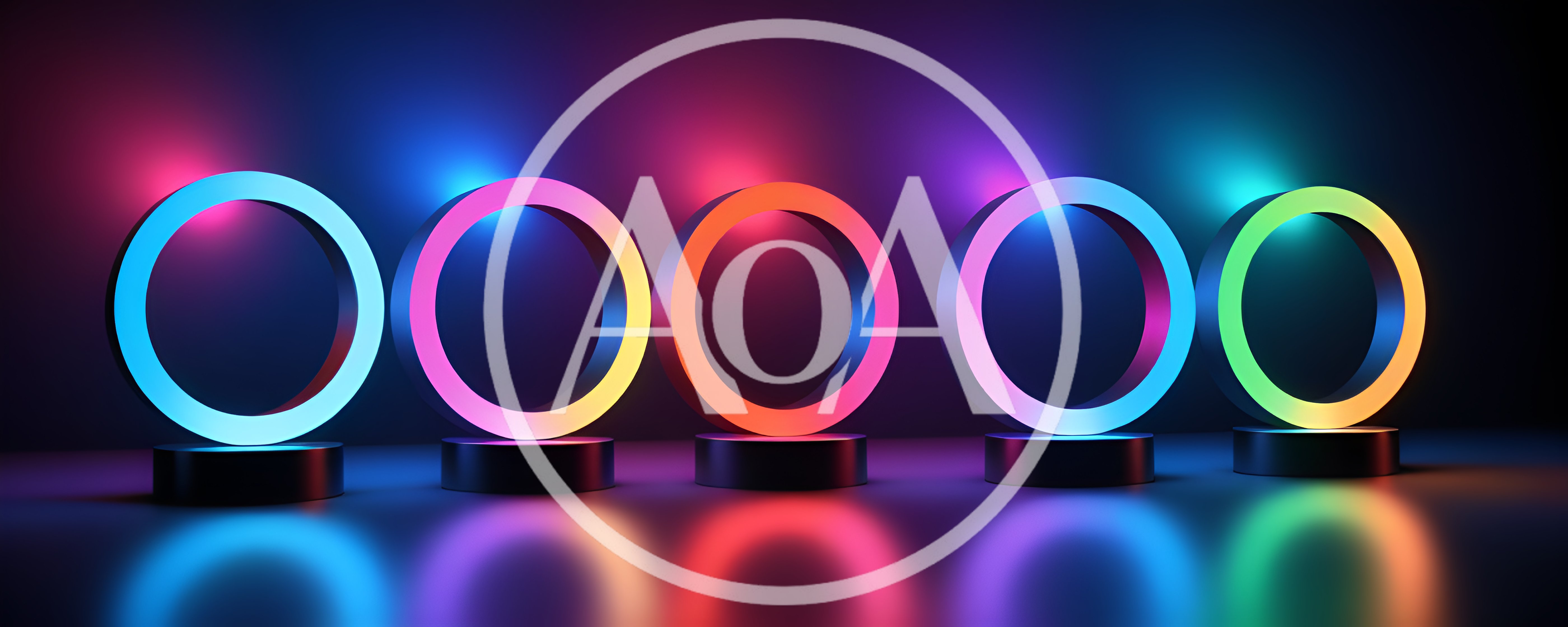 Five Glowing Neon Rings on Pedestals