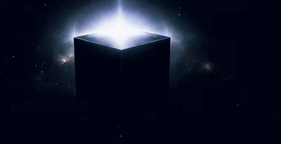 Glowing Black Cube Floating In Deep Space
