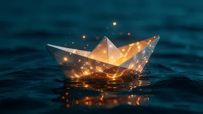 Glowing Paper Boat Floating on Dark Water