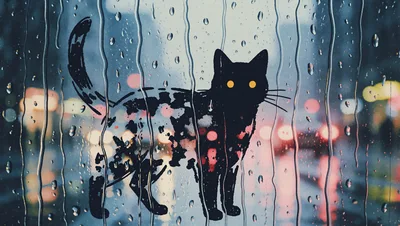 Black Cat Silhouette Painted On Rainy Window