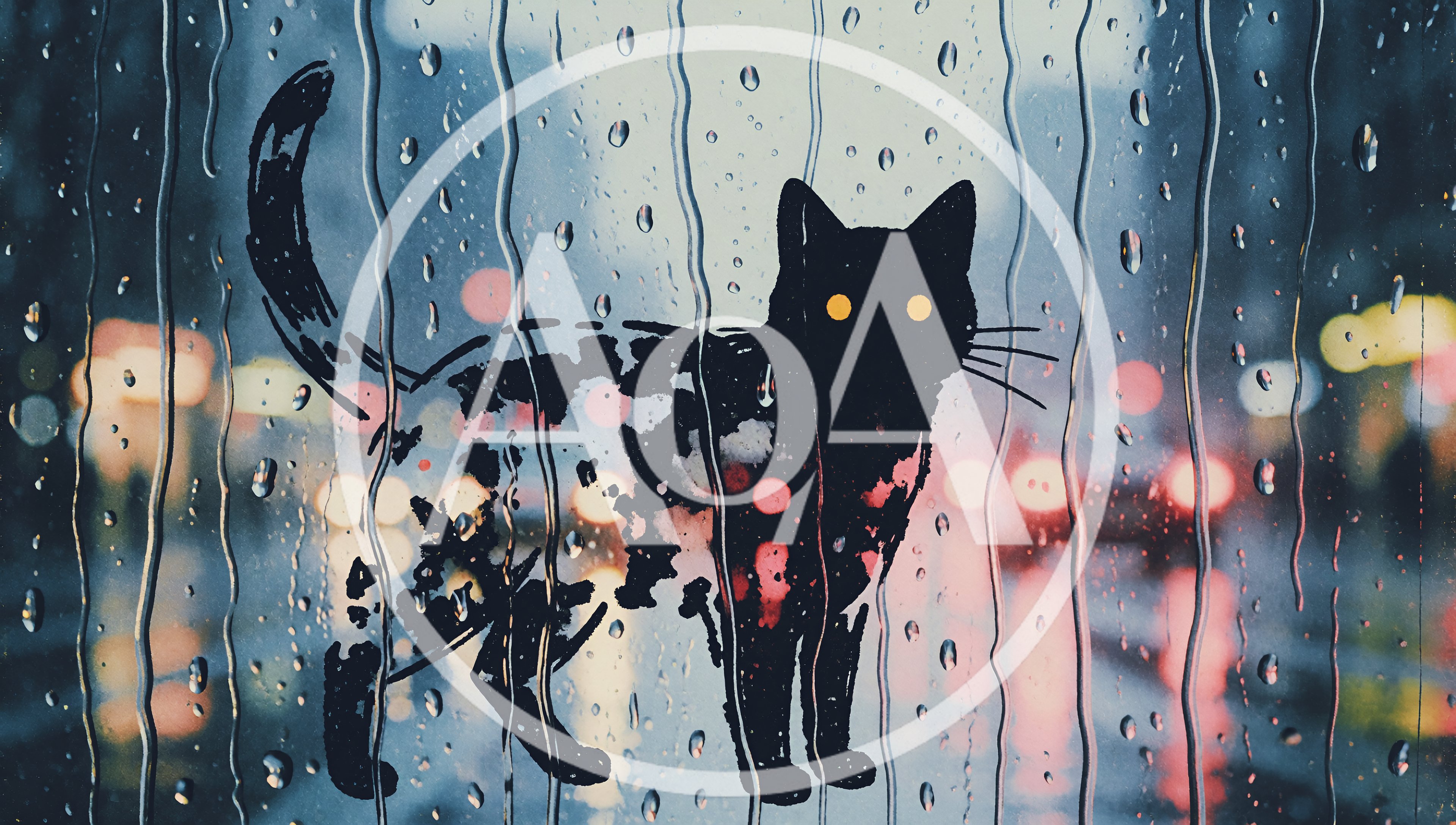 Black Cat Silhouette Painted On Rainy Window