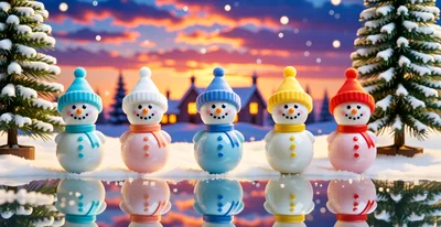 Five Colorful Snowman Figurines Standing In Snowy Landscape