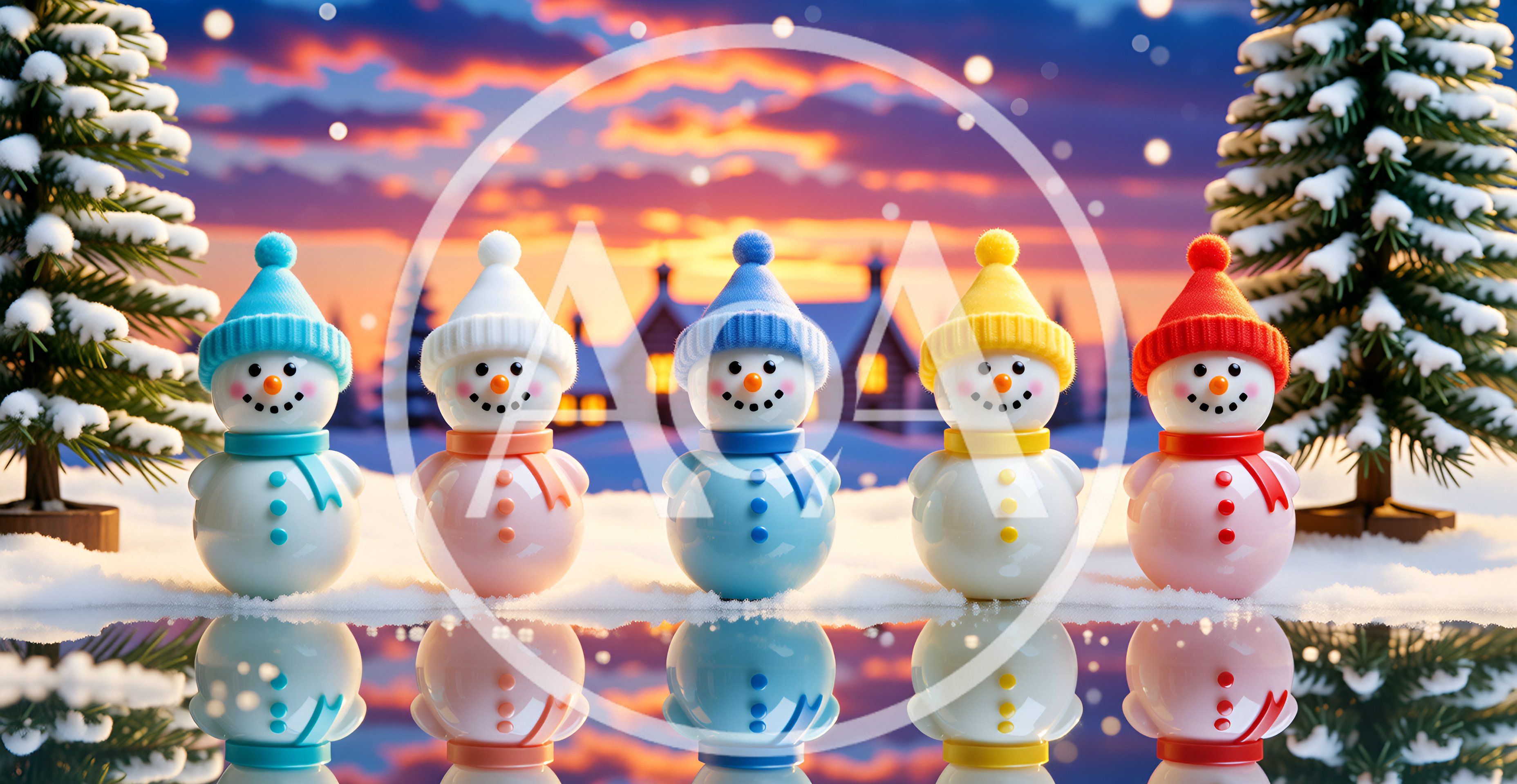 Five Colorful Snowman Figurines Standing In Snowy Landscape