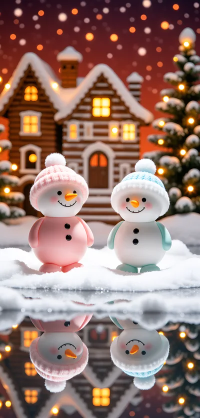 Two Cute Snowman Figurines Standing In Snowy Landscape