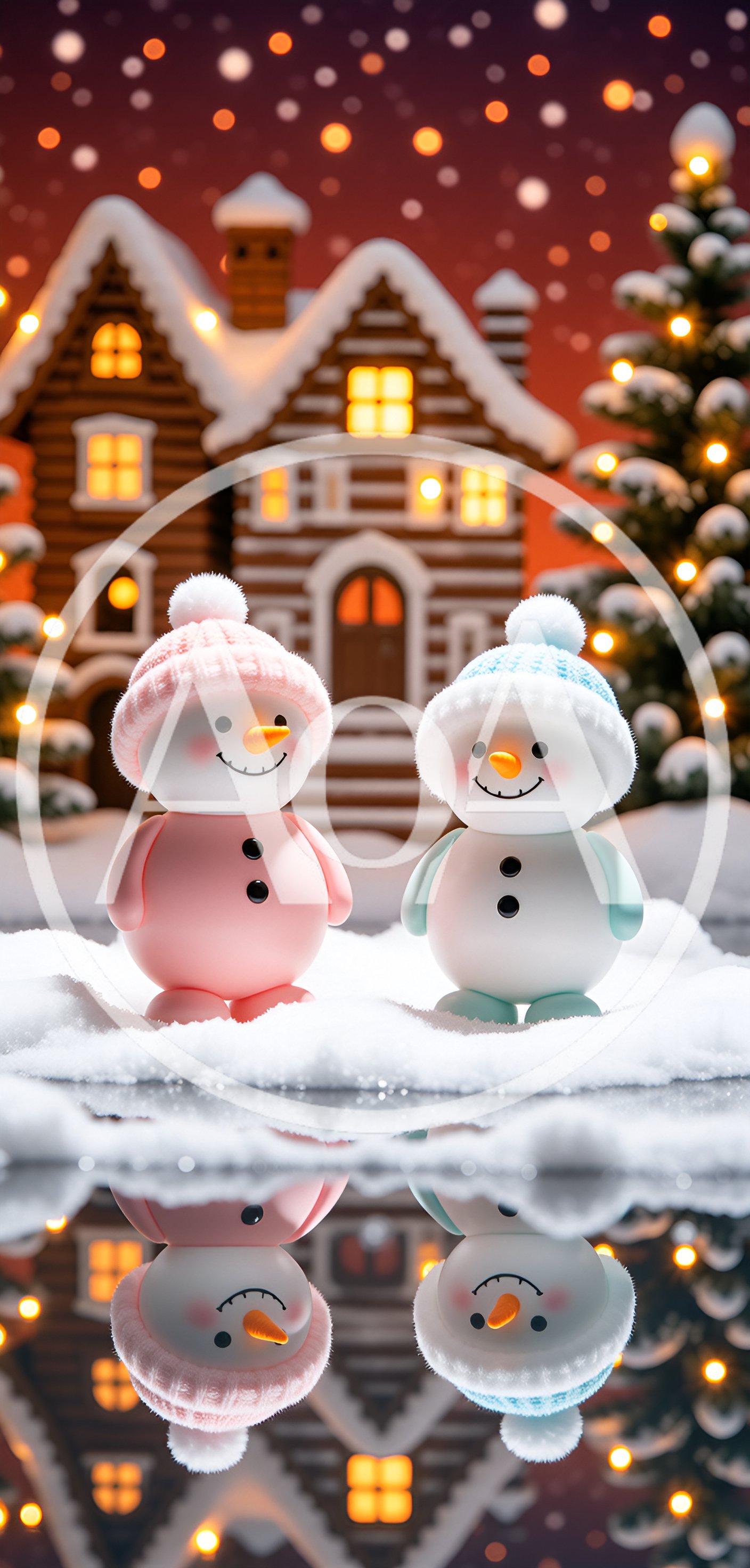 Two Cute Snowman Figurines Standing In Snowy Landscape
