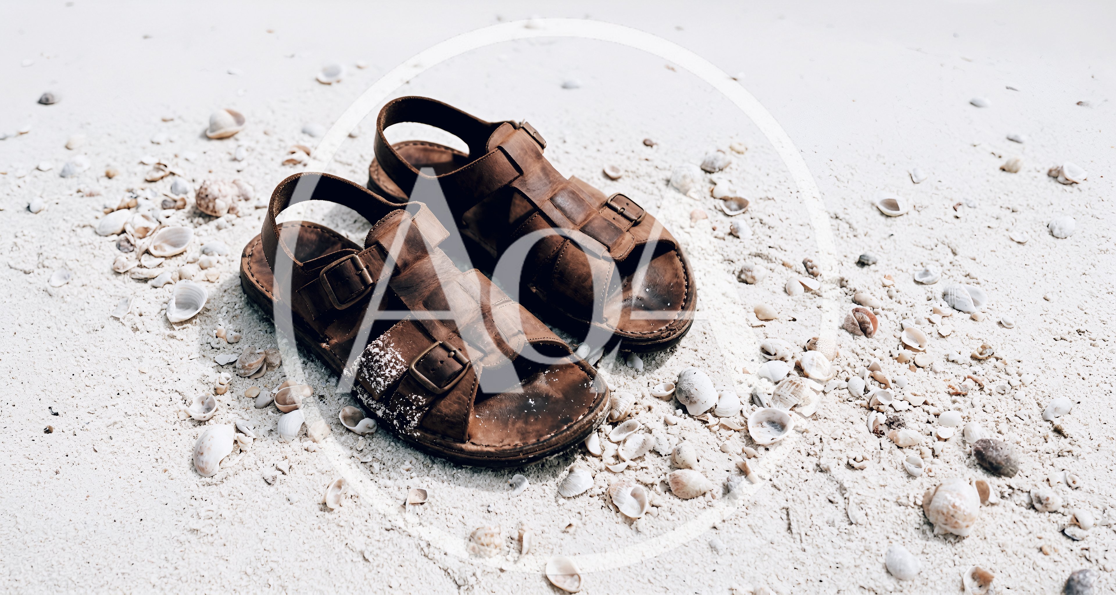 Brown Leather Sandals Resting On White Sandy Beach