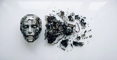 Disassembled Robotic Android Head And Internal Components