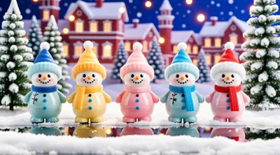 Five Cute Snowman Figurines Standing In A Row