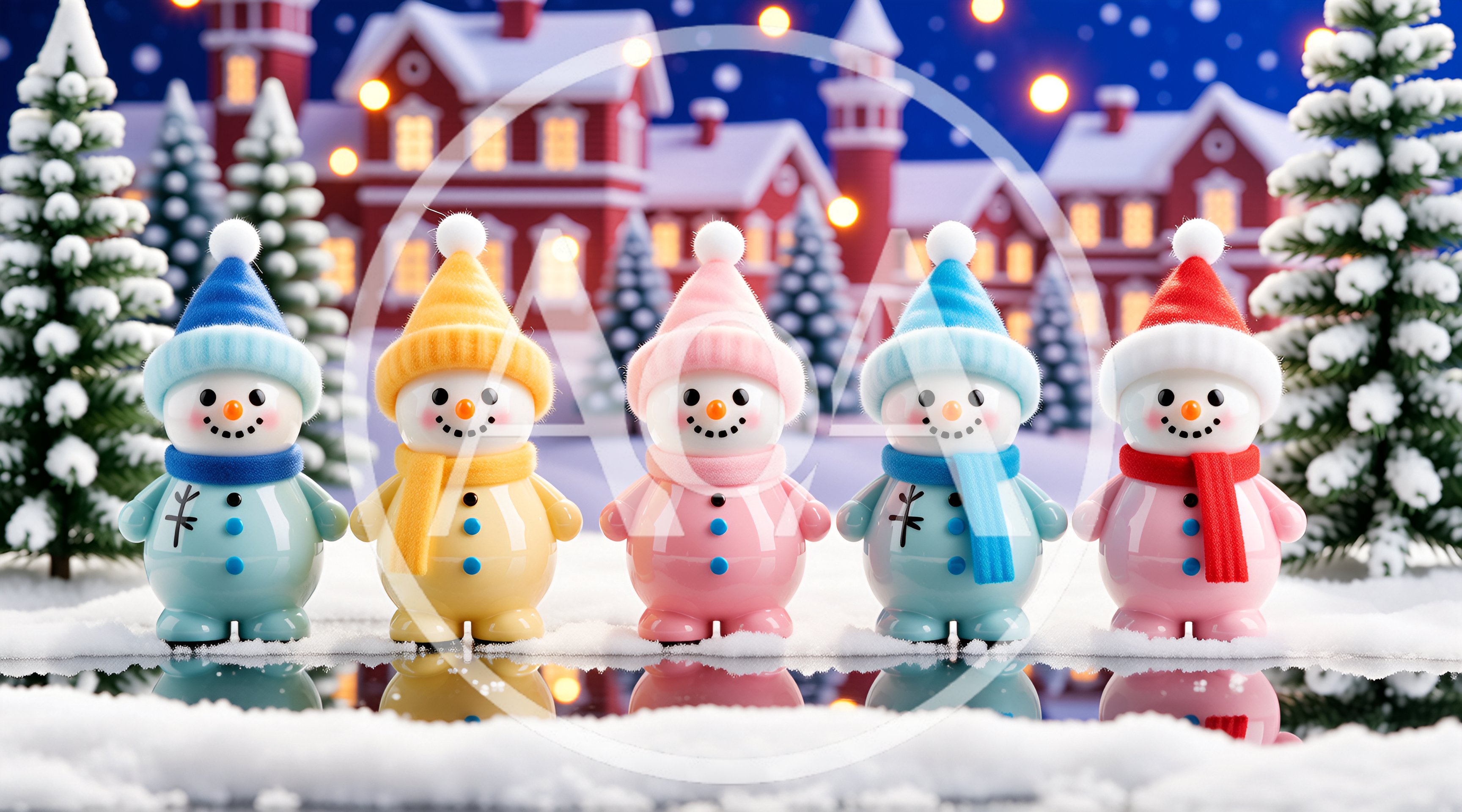 Five Cute Snowman Figurines Standing In A Row