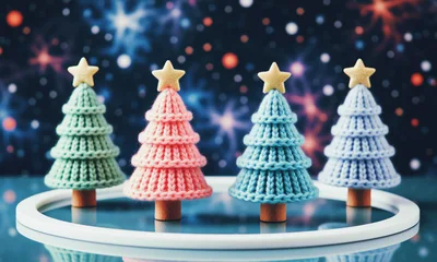 Four Knitted Christmas Tree Decorations On A Reflective Surface
