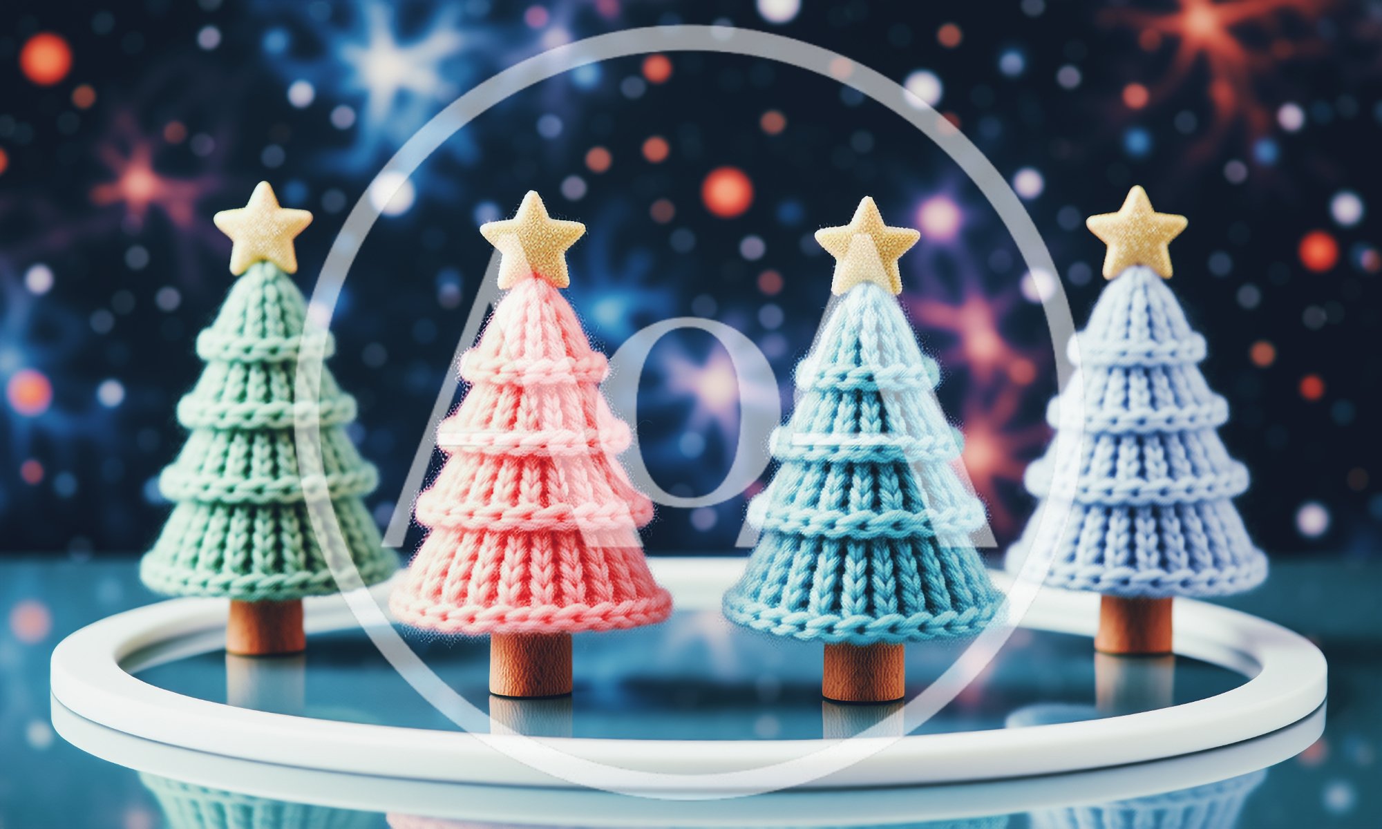 Four Knitted Christmas Tree Decorations On A Reflective Surface