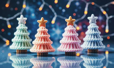 Four Miniature Knitted Christmas Trees With Festive Lights